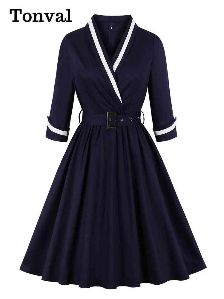 Tonval Vintage Style Wrap Belted Elegant Pleated Autumn Dress Women 2022 Winter Robe Femme 3/4 Length Sleeve Cotton Dresses