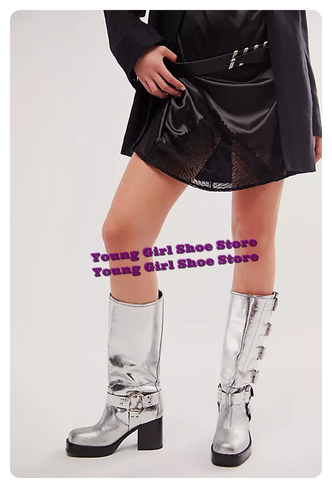 O-ring Harness Detail Knee-high Boots Block High Heels Platform Slip-on Buckle Details Pull-on 2025 New Arrivals Luxury Design