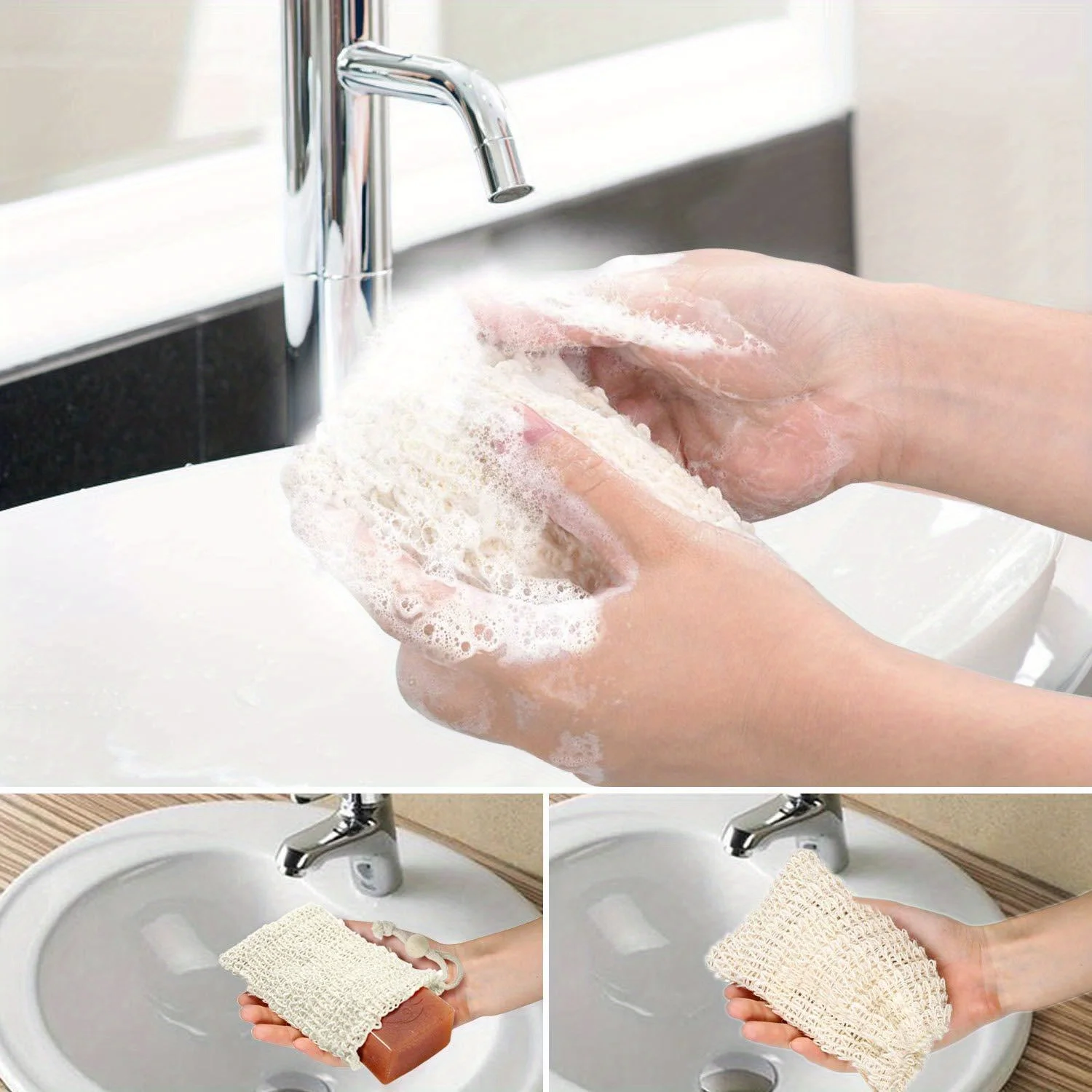 5pcs  Sisal Soap Bag With Drawstring And Wooden Bead , Knotted Shower Soap Bag For Foaming And Drying, Bathroom Accessories
