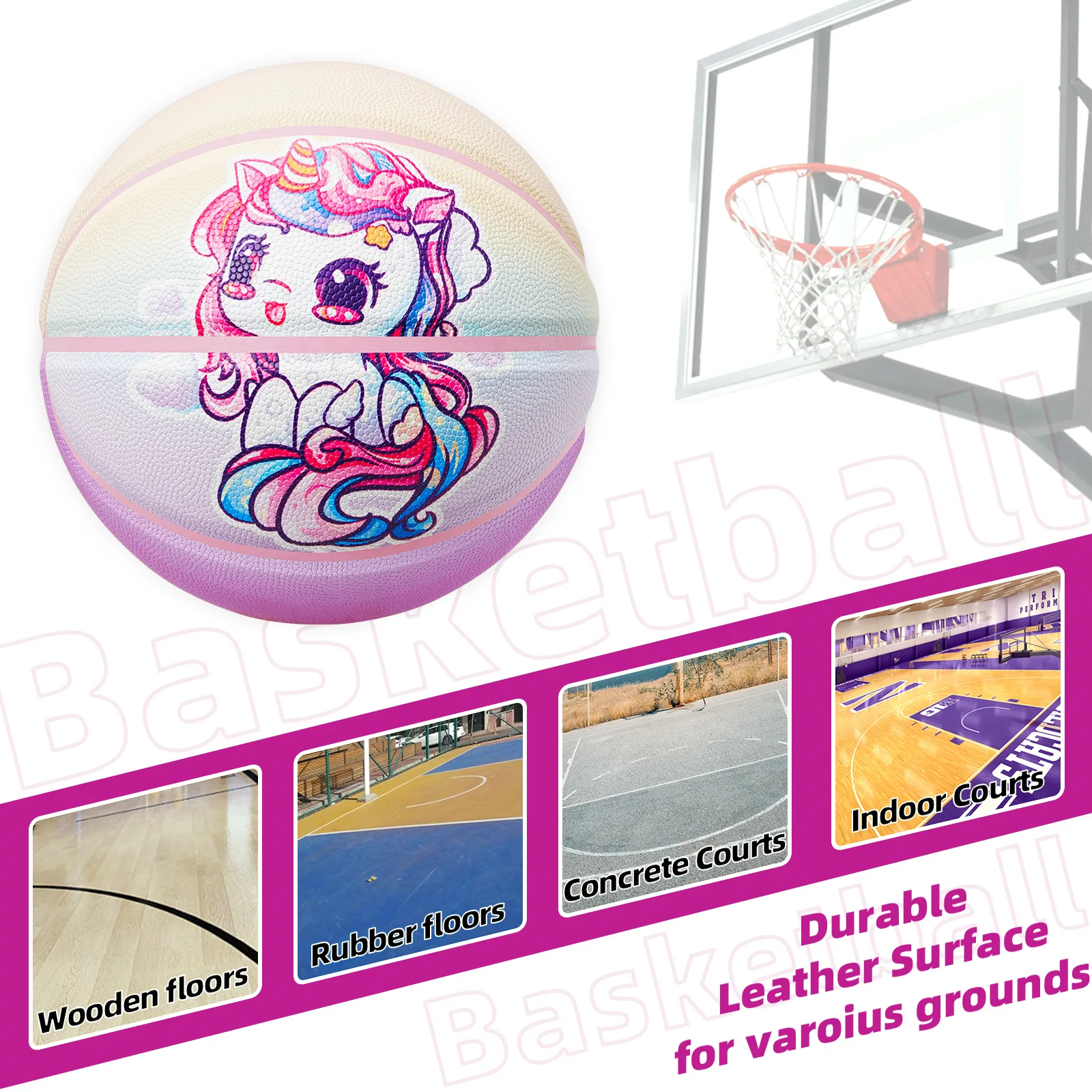 Kuangmi Unicorn Kids Basketball Size5 27.5", PU Leather Surface for Slip Resistance and Wear Resistance, Indoor/Outdoor,KMbb576