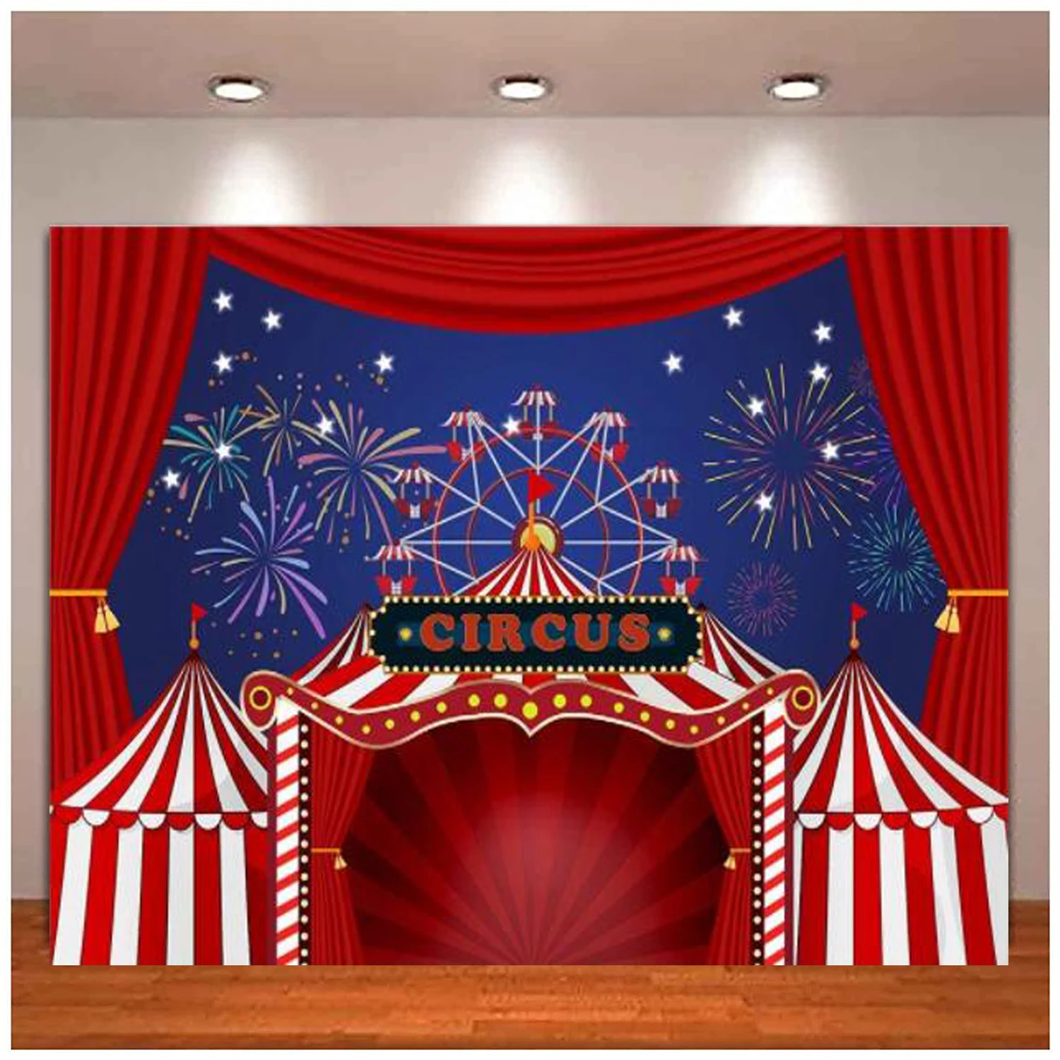 

Red Circus Tent Photography Backdrop Carnival Night Colorful Fireworks Sky Ferris Wheel Background Baby Shower Birthday Party