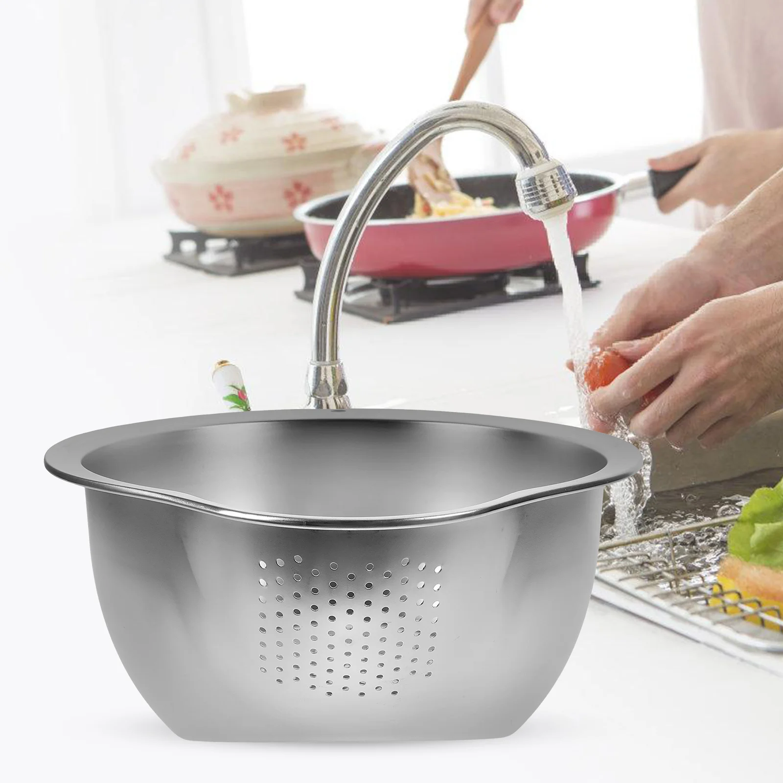 

Rice Washing Basket Stainless Steel Food Draining Basket For Kitchen Vegetable Fruit Wash Multifunctional Flat Bottom