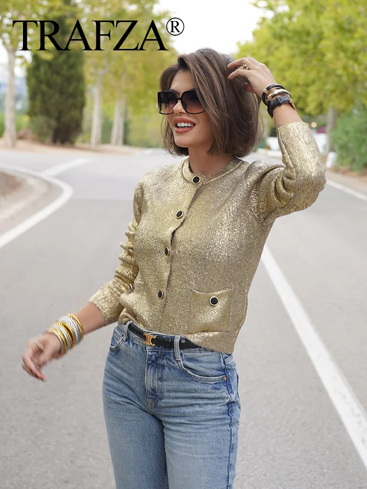 TRAFZA 2024 Autumn Female Golden Sweater Knitted O-Neck Long Sleeves Pockets Slim Single Breasted Cardigan Top Wild Woman Coat