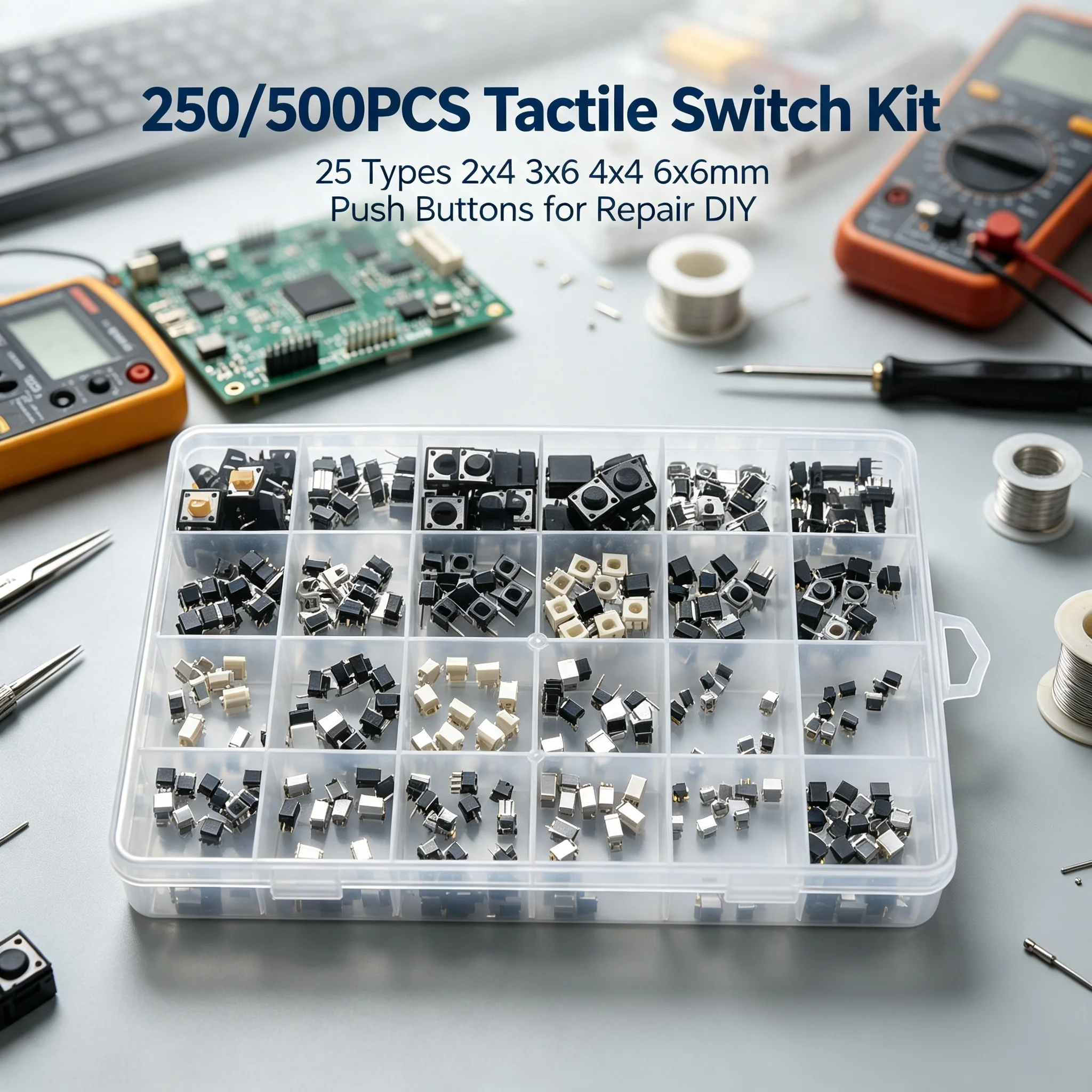 250/500PCS Boxed Tactile Push Button Switches 2x4 3x6 4x4 6x6mm 25 Kinds Mini Micro Momentary Tact Switch Assortment Kit For DIY