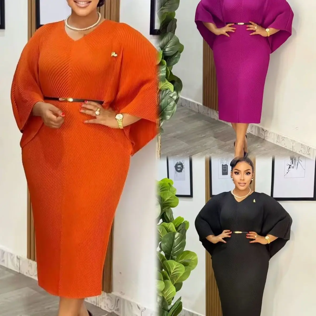 

Новое женское плиссированное платье большого размера Miyaki Miyake, пояс на бедрах, тонкая талия, корсаж, V-образный вырез, рукава «летучая мышь», рукава «пять четвертей», элегантная женская высокая эластичность