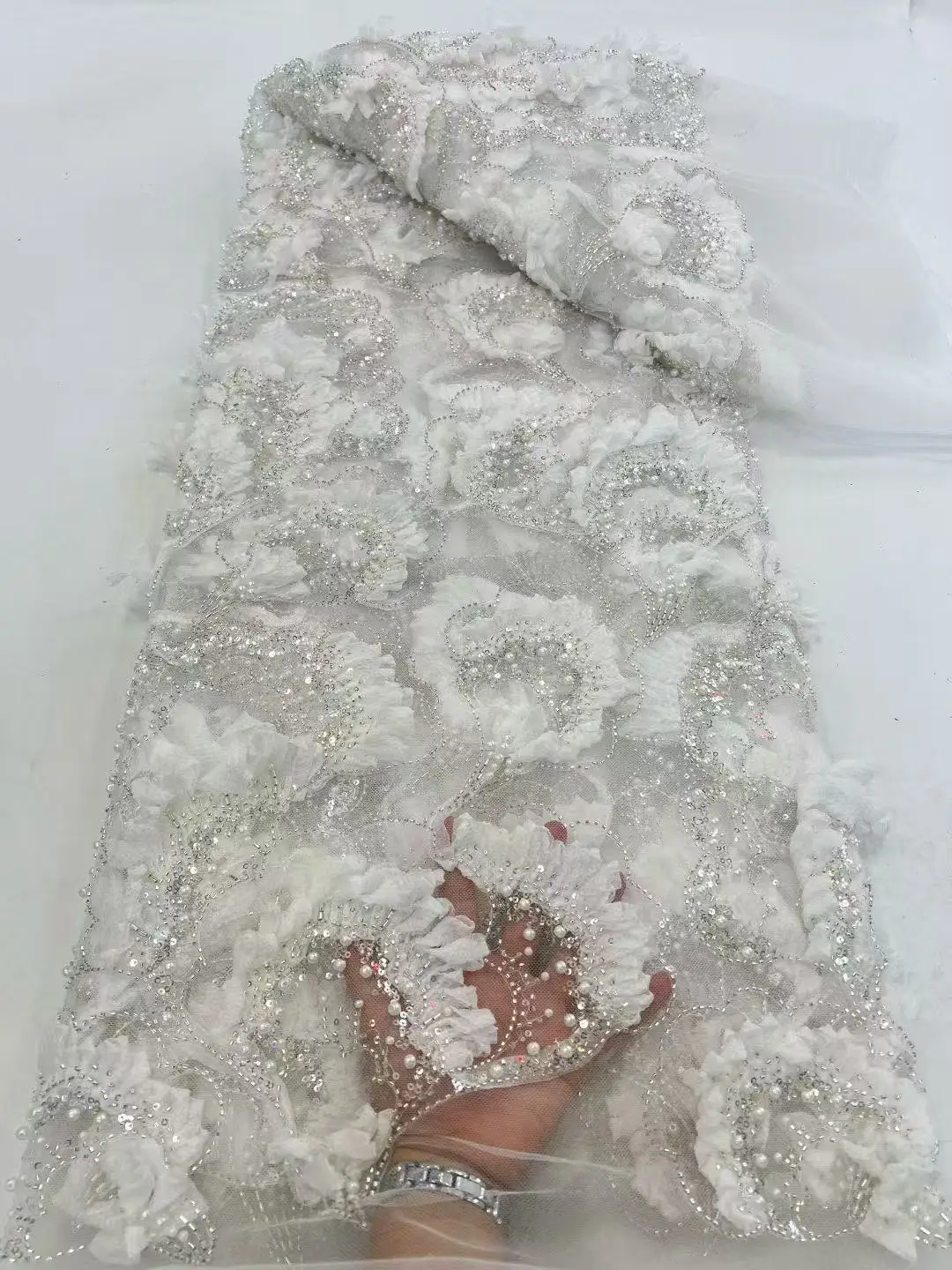 African Lace Fabric 2025 High Quality French 3D Flower Sequins Embroidery Beads Tulle Lace Fabric for Party Dress