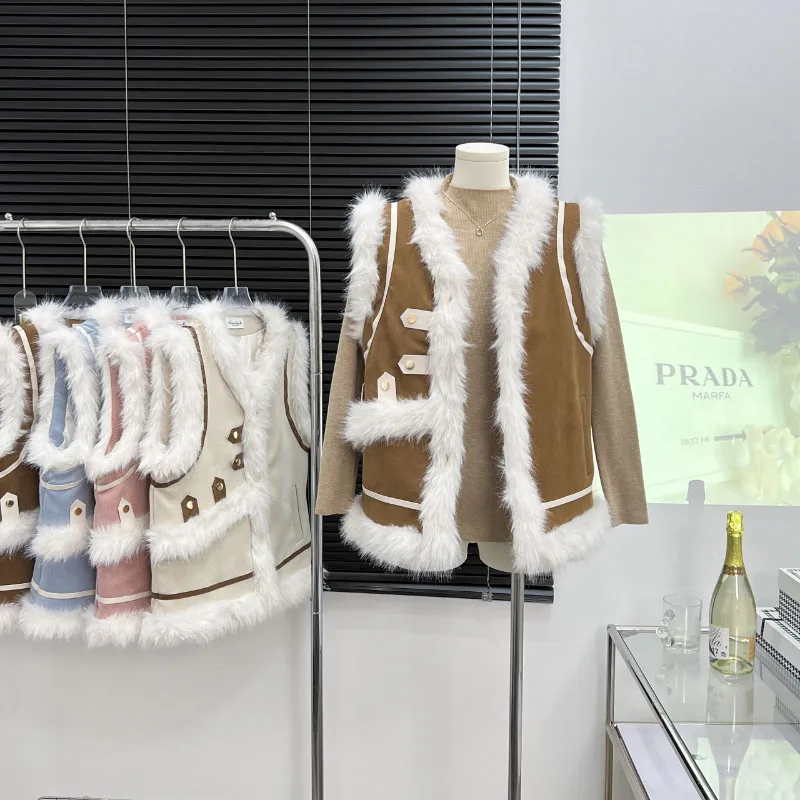 

Winter Warm Furred Waistcoat Basic V-neck Fashion Sleeveless Top Vintage Streetwear Waistcoat Vest Women