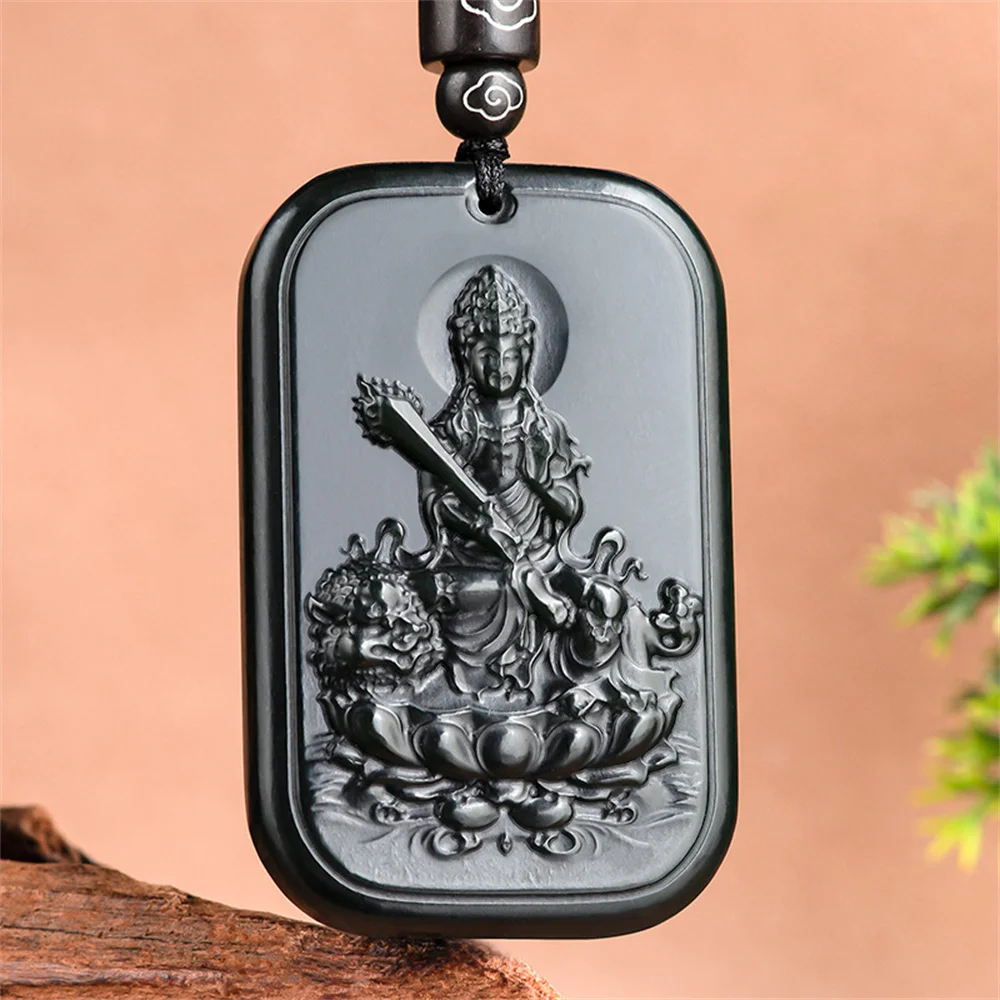 Retro Natural Black HeTian Jade Carved Chinese WenShu GuanYin Lucky Pendant Amulet Necklace Certificate Luxury Jade Jewelry Gift