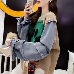 Denim Patchwork Long Sleeve Knitted Pullovers Women Autumn Contrast Color Letters Jeans Spliced Sleeve Knitted Sweater Knitwear