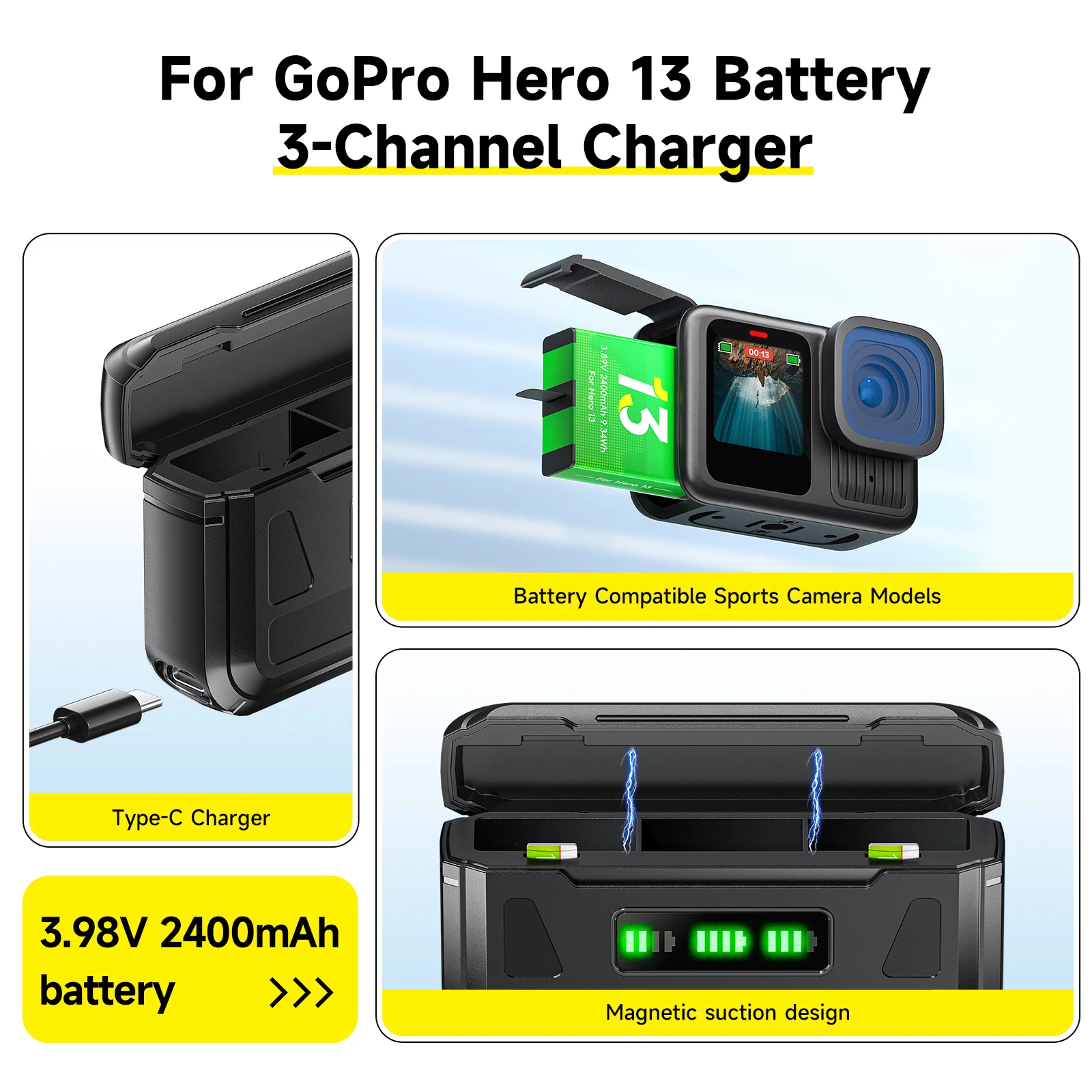 بالو 2400 مللي أمبير لبطارية GoPro Hero 13 + صندوق شاحن 3 فتحات مع منفذ Type-C لملحقات كاميرا GoPro Hero 13 الرياضية السوداء