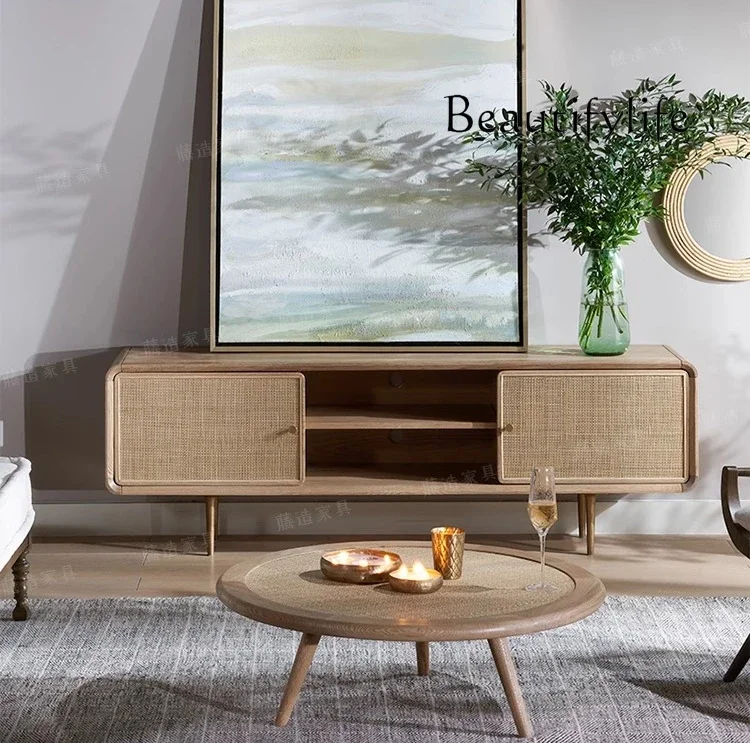 

small apartment floor locker modern simple living room Retro rattan homestay solid wood TV cabinet