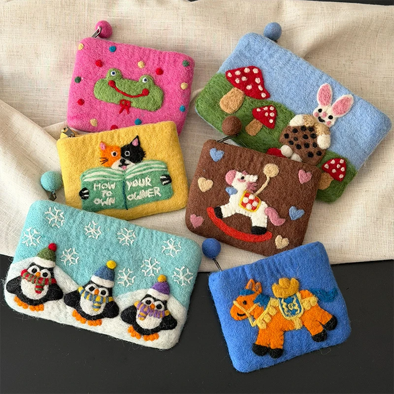 Handmade Wool Felt Coin Purse,3D Cartoon Animal Wallet, Women Card Holder,Cute Mini Storage Pouch, Adorable Christmas Gifts
