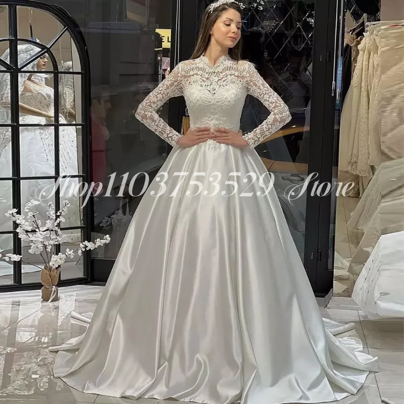 Elegant Lace Bridal Wedding Dress 2025 High Neck Satin Long Sleeve Lace Appliqué Mexico A-Line Wedding Dress hochzeitskleid