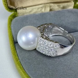 Full Diamond Zircon Surrounding Natural Fresh Water 12-13mm White Pearl Luxury Atmosphere Ring S925 Sterling Silver Jewelry Gift