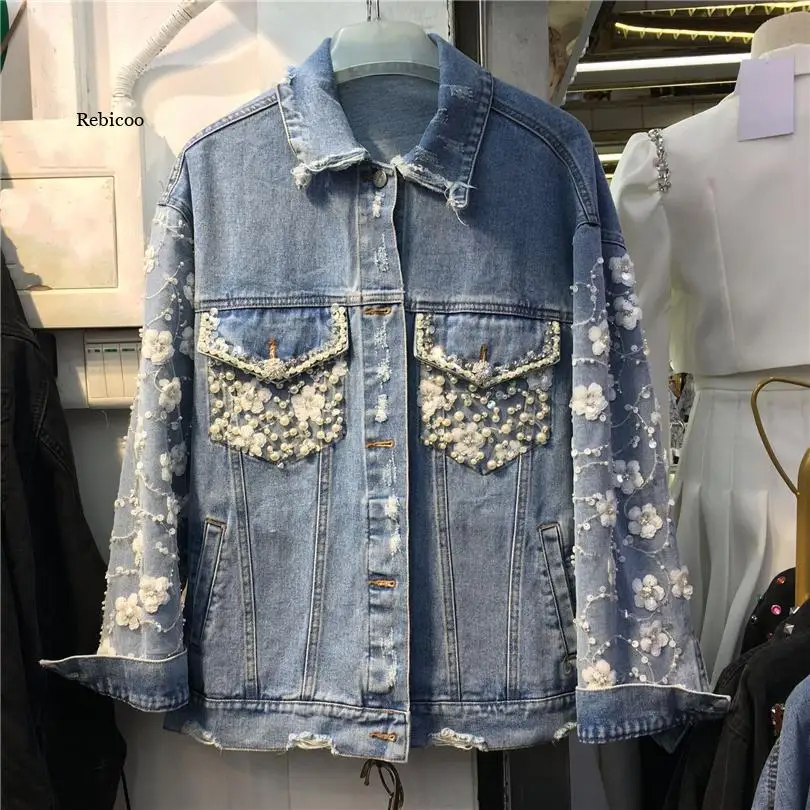 2022 Musim Semi Baru Mewah Manik-manik Mesh Patchwork 3D Bunga Dekorasi Bordir Longgar Jaket Denim Wanita Mode Jaket Pendek