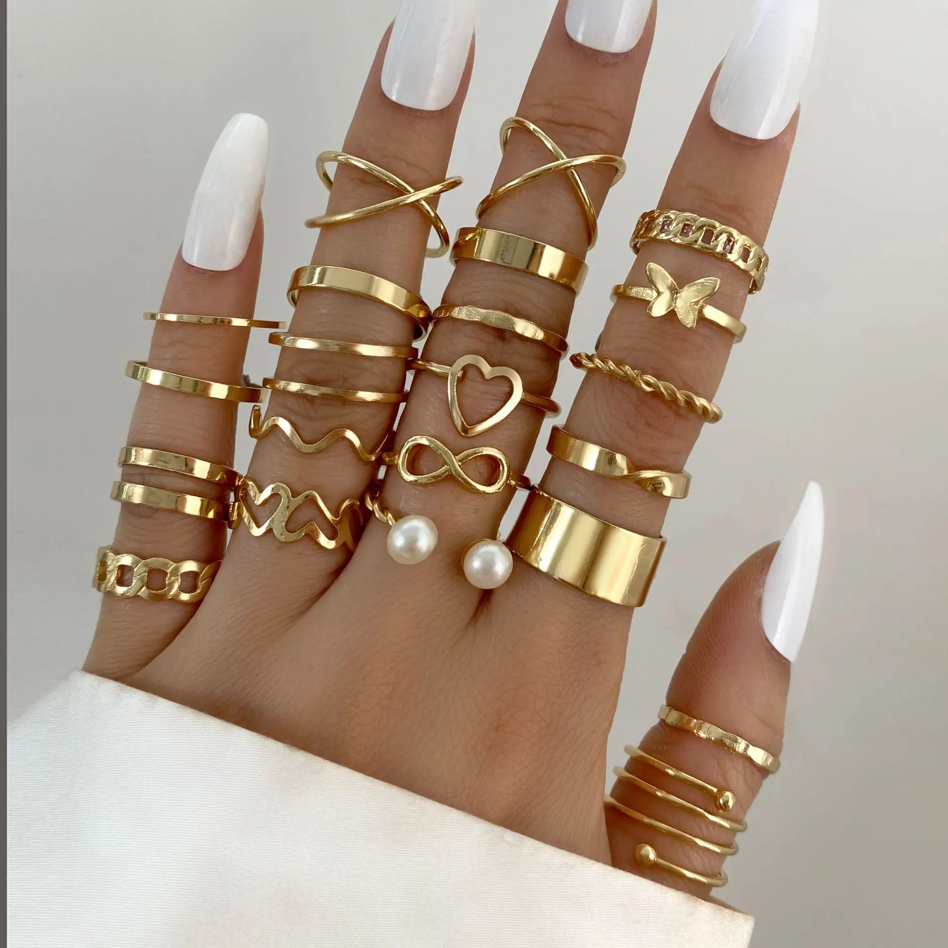 22Pcs/Set Geometric Gold Color Rings Set For Women Heart Snake Vintage Butterfly Pearl Hollow Ring Fashion Wedding Party Jewelry