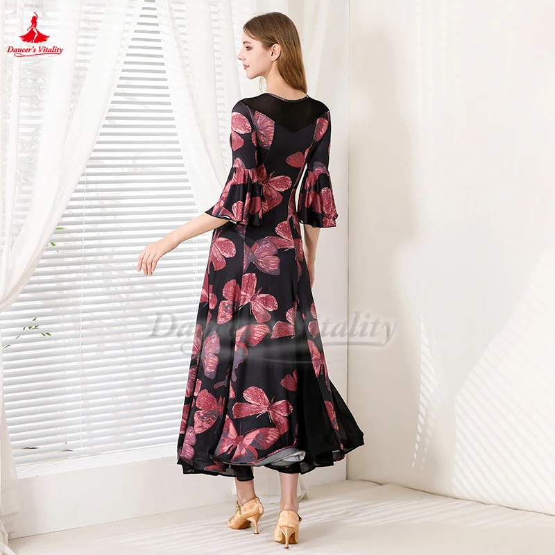Adult Social Dance Middle-length Sleeve Big Swing Dresses Waltz Foxtrot Quickstep Tango Flower Print Professional Dancing Clothe