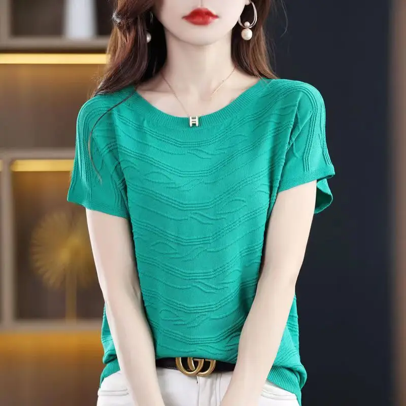 

Women's Clothing Thin Summer Intellectual Round Neck Loose Pullovers Simplicity Solid Screw Thread Short Sleeve Casual T-Shirts