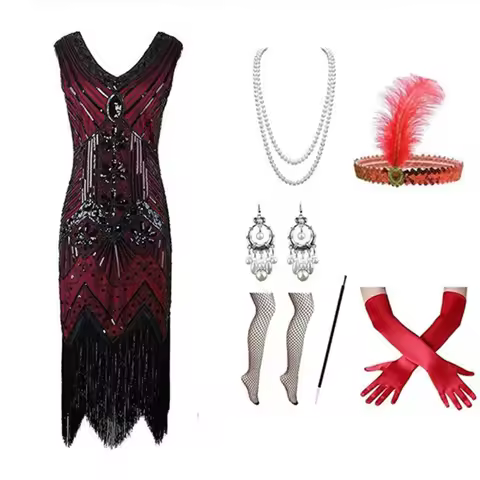 1920s Gatsby Dress Heavy Beaded Fringe 7-Piece Set Vintage Prom Evening Party Dress