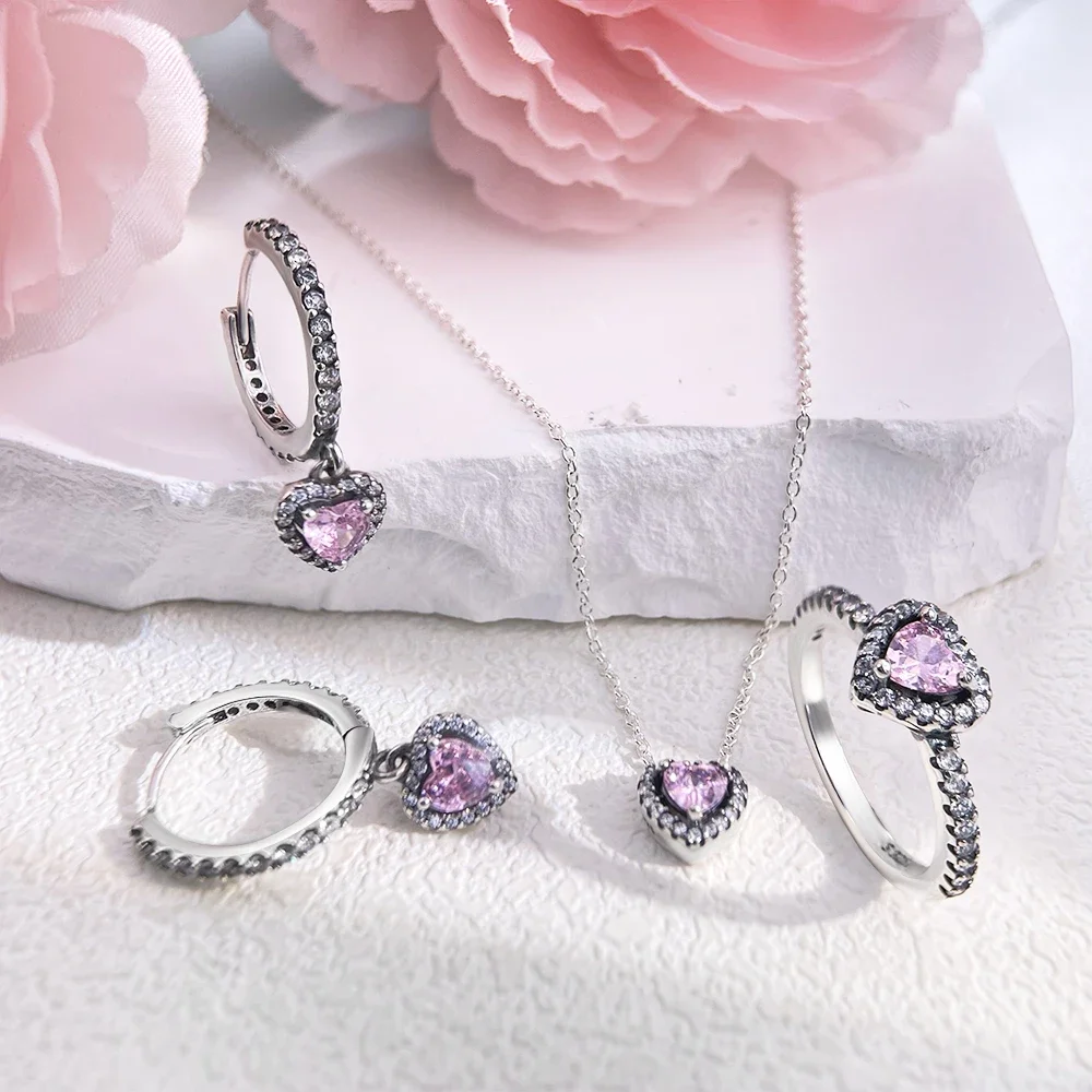 Sterling 925 Silver Pink Shiny Love Full of Diamond Zestaw biżuterii Seria Charm Pierścionek Naszyjnik Kolczyki Kobiety Wykwintny prezent jubilerski