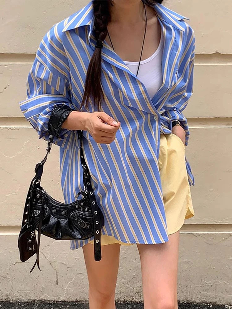 

Casual Loose Women's Striped irt Ba Single Button Slit Design Spring New Sle Faionable Korean Version Cotton Long Sve