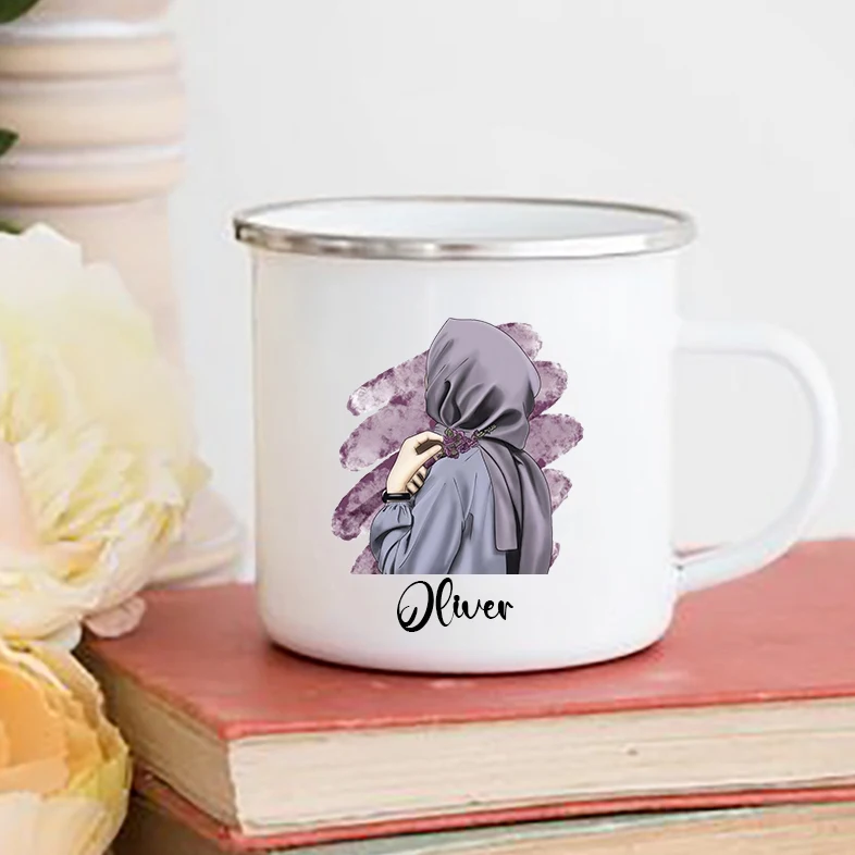 Taza Hijabi personalizada para Niñas musulmanas, tazas de café, bebidas, agua, nombre personalizado, mango de esmalte, regalos Eid