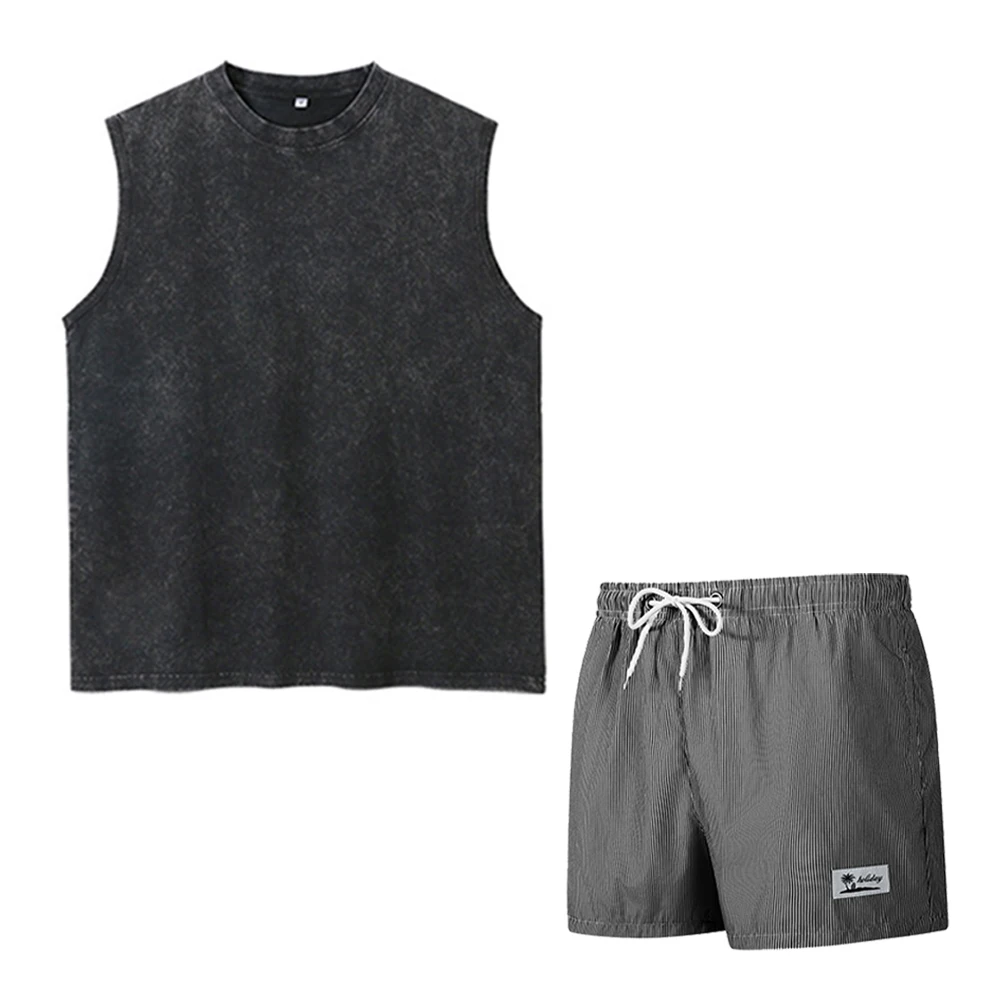 

Men's Beach Vacation Set Washed Vest And Striped Drawstring Shorts Summer Swimming And Surfing Beachwear Two Piece Set