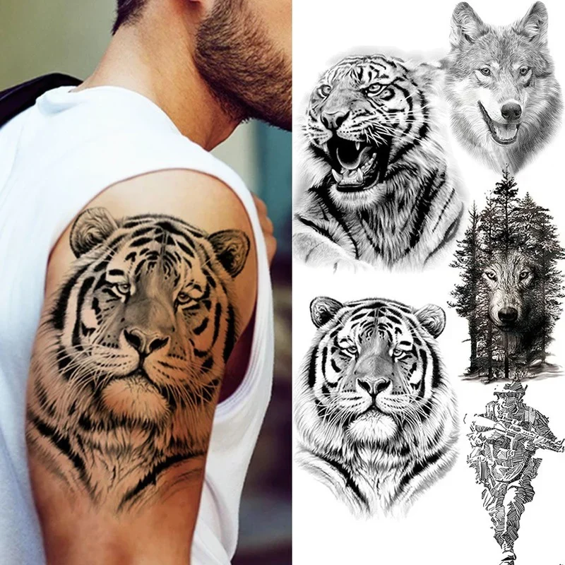 Big Black Tiger Tattoos Fake Men Wolf Leopard Tatoos Waterproof Large Beast Monster Body Arm Legs Temporary Paper Cover