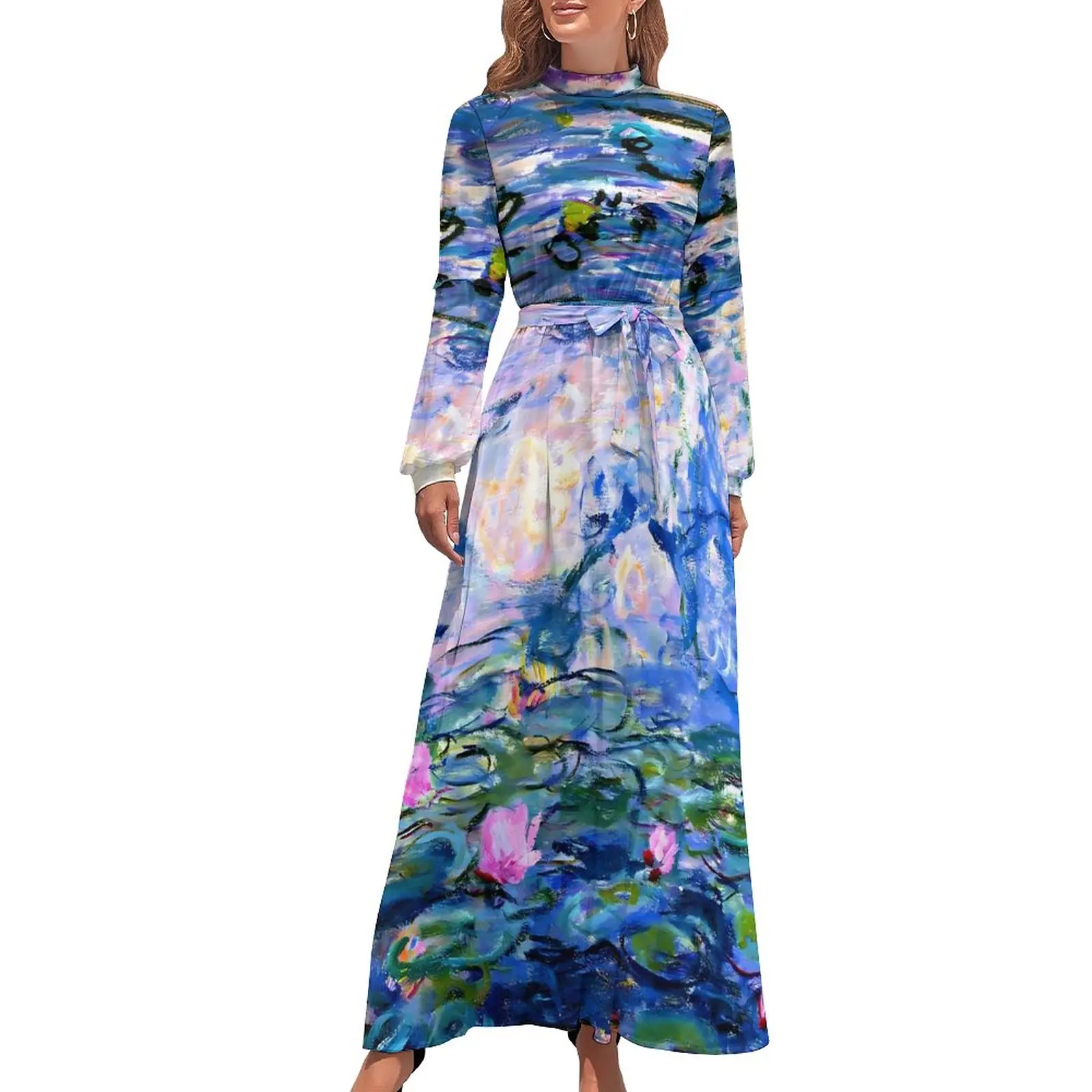 

Van Gogh Dress Long Sleeve Water Lilies Print Kawaii Maxi Dress High Neck Street Style Printed Beach Long Dresses Birthday Gift