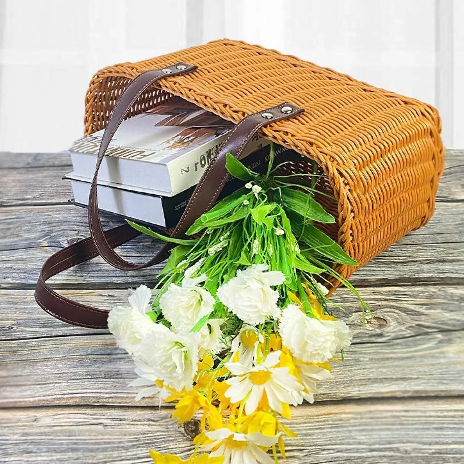 Woven Shopping Basket Market Basket Portable House Organizer Picnic Hamper Handmade Basket with Handle for Kitchen Outdoor