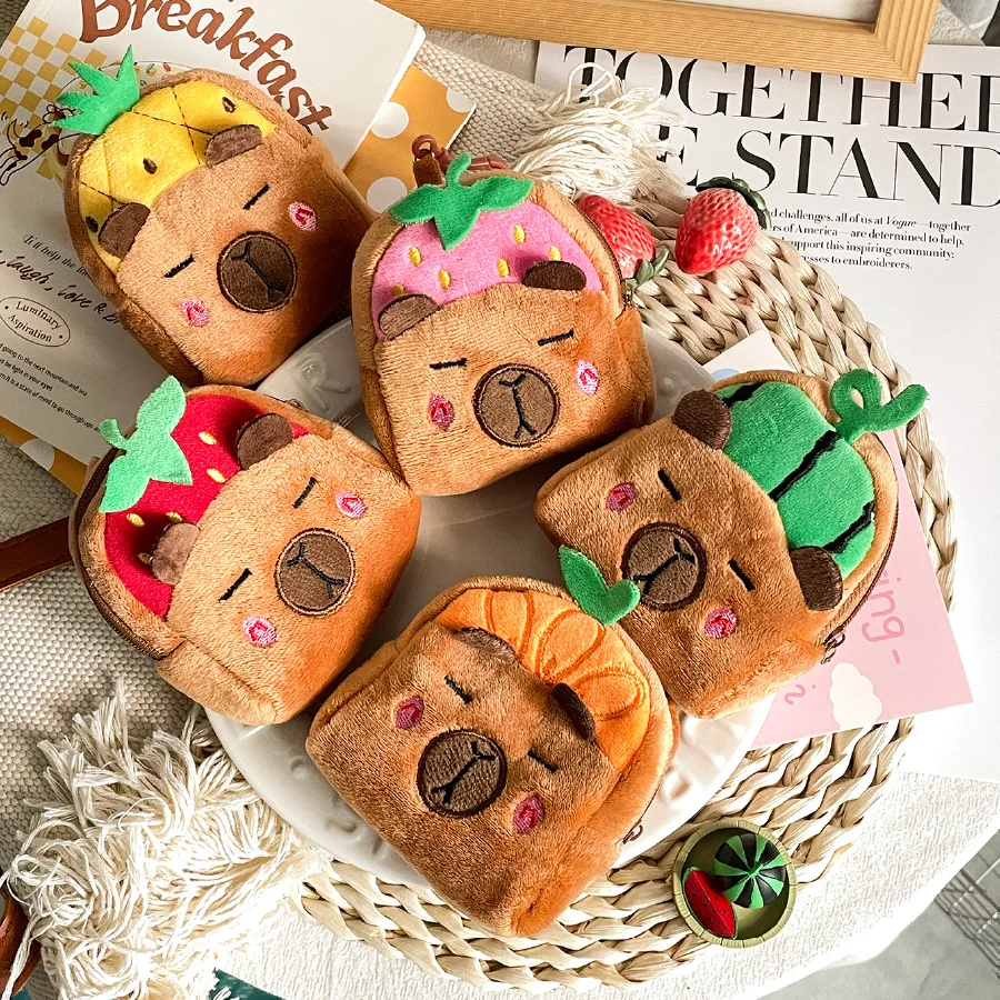 Capybara Plush Coin Purse Cute Fruit Hat Mini Plush Wallet for Girls Lipstick Earphone Pouch Schoolbag Pendant Christmas Gift
