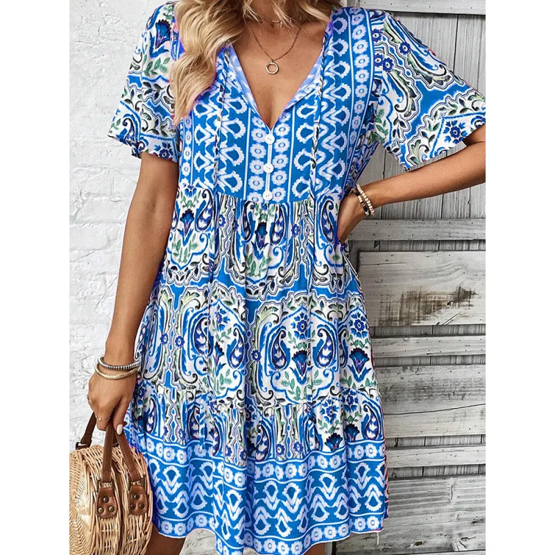 

2026 Women's V-neck Printed Lace Splicing Bohemian Style Casual Resort Style Dress Fashion Pattern for Girl Date Girls
