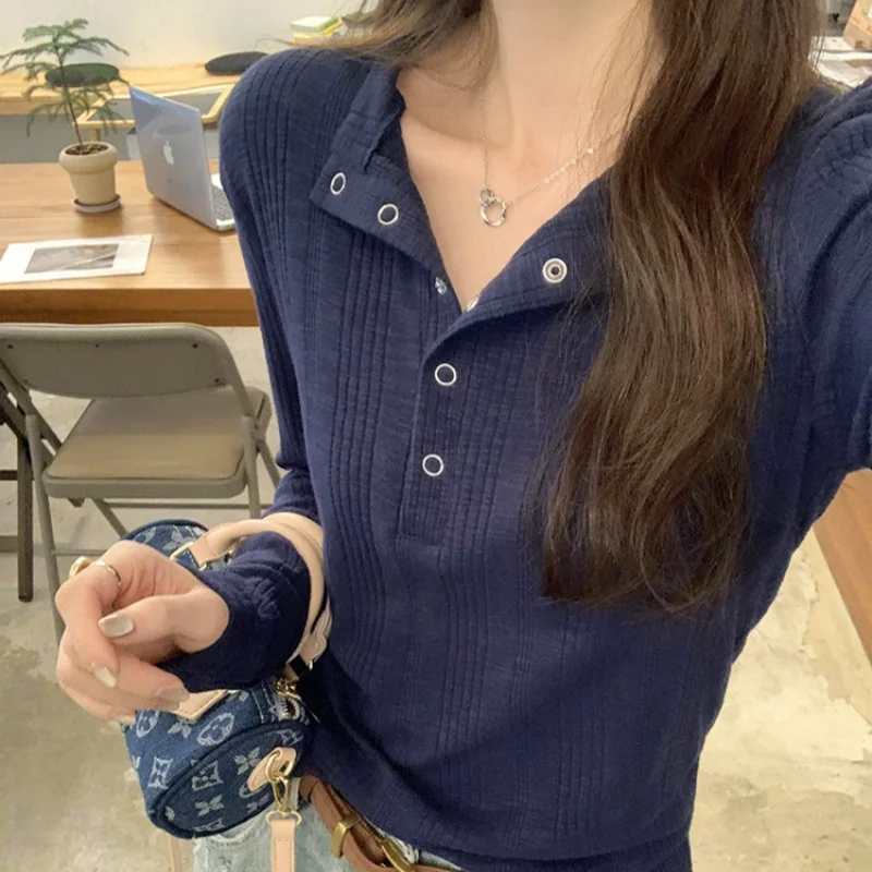 Women Korean Ribbed Snap Button Half Placket Long Sleeve Tee Slim Shoulder Commuter Layering Top