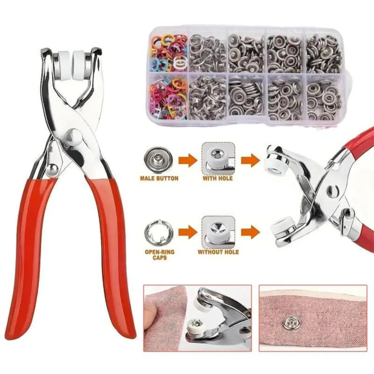 Incluye 200 Uds. Hebilla de Metal de colores Invisible y 1 alicates de presión Manual, costura doméstica para tela y sombrero artesanales DIY