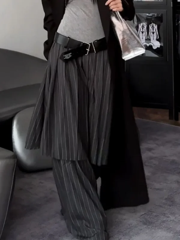 حجم كبير عادية فضفاض خطوط عمودية تنوعا بنطال ذو قصة أرجل واسعة المرأة الجديدة Sle Ele تصميم كاذبة قطعتين تنورة السراويل