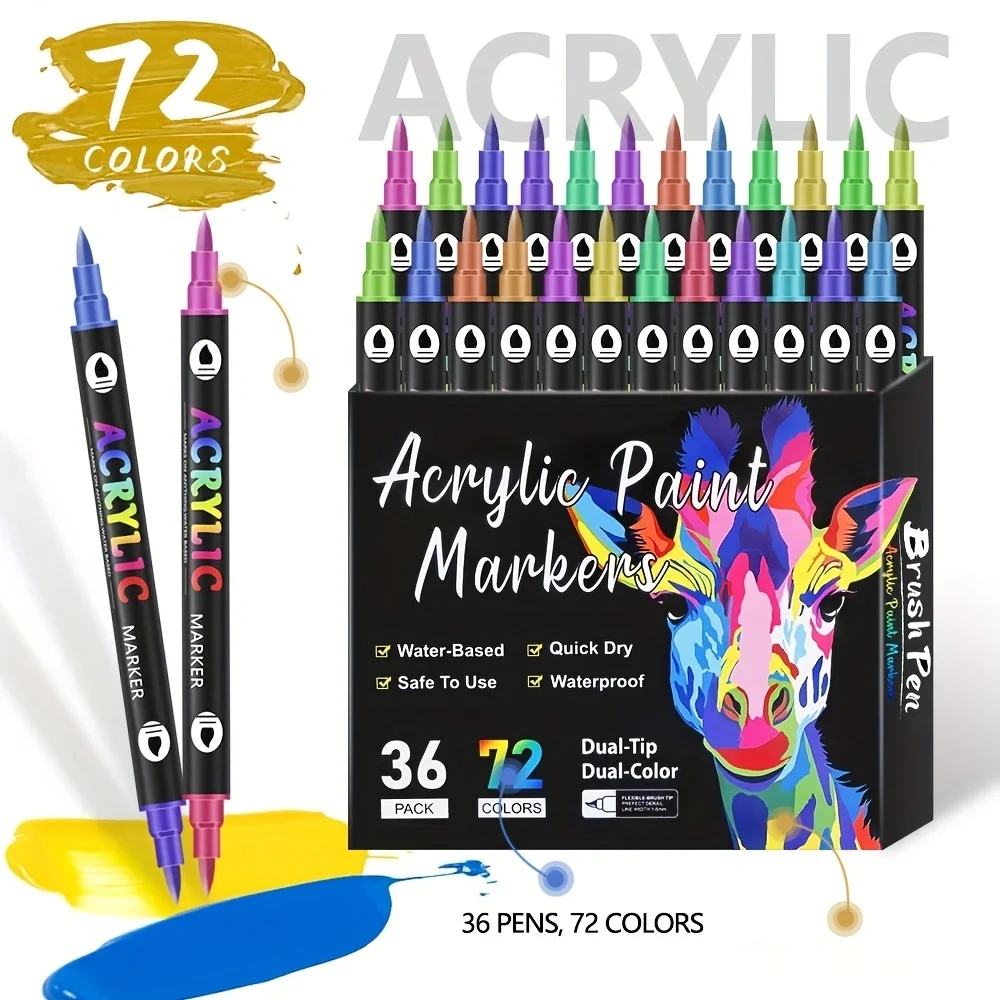 

36pcs(72Colors) Dual Ended Two-Tone Acrylic Markers – No Bleeding, Water-Based, Ideal for Rock, Canvas, Wood, Ceramic, Glass