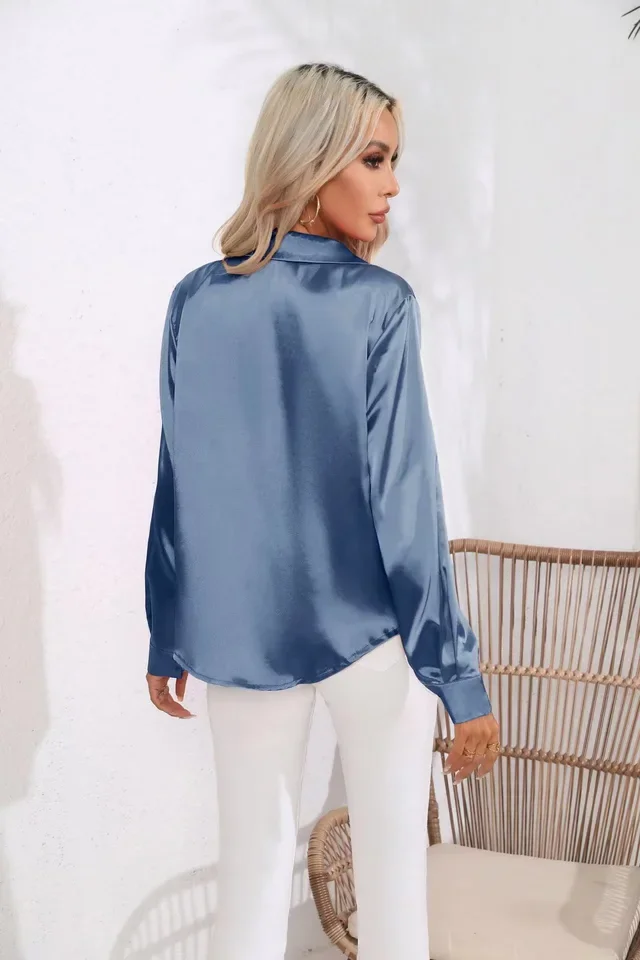 Elegant Women's Shirt Satin Silk Long Sleeve Shirt Summer Solid Office Lady Lapel Button Blouse Women Tops Clothing