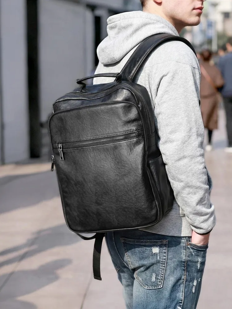 Black Genuine Leather School Satchel Male Casual Bag Zipper Soft Cowhide Large Capacity Travel Bags Unisex Fashion Backpacks