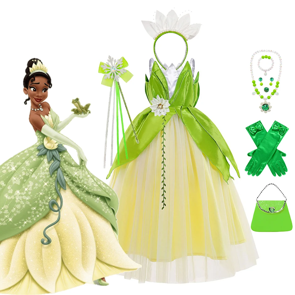 Vestido de princesa Tiana de Disney, vestido verde para niña, Cosplay para niños, ropa de Hada de las flores de belleza, disfraz de actuación de Halloween para niños