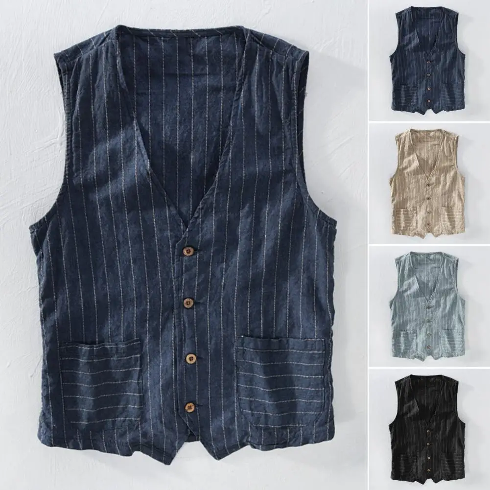 

Men Color Block Waistcoat Stylish British Men's V-neck Striped Waistcoat Collection with Pockets Retro Vest Coat for Fashionable