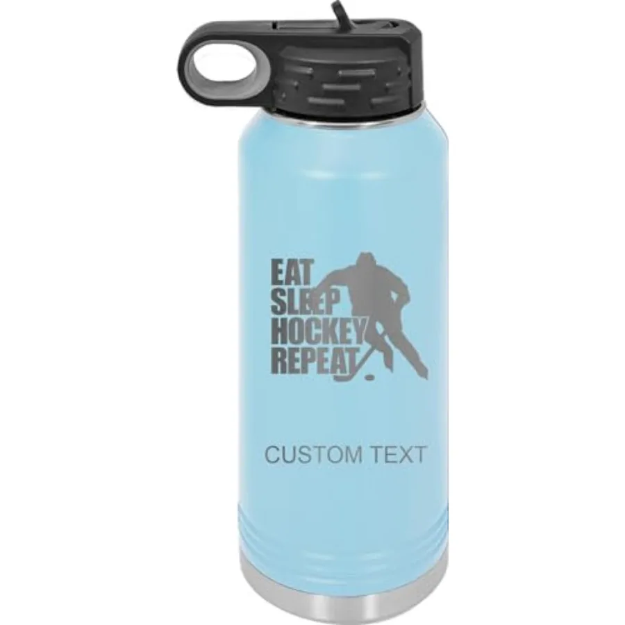 Hockey eat sleep repeat, Personalized Custom Engraved Double Wall Vacuum Hot/Cold Drinks Insulated Stainless Steel Boys/Girls S