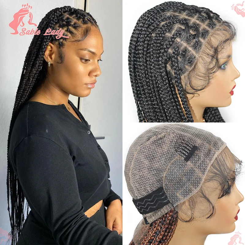 Peruca sintética trançada Full Criss Cross para mulheres negras, 36 "tranças Cornrow, perucas de renda, Knotless Box Braid, peruca cheia do laço