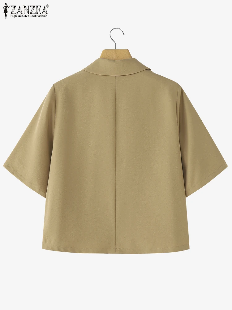 ZANZEA 2025 قمصان صيفية أنيقة بلون واحد للسيدات نصف كم بلوزة جيب غير رسمية بدلة ياقة أزرار ملابس علوية للسيدات للمكتب