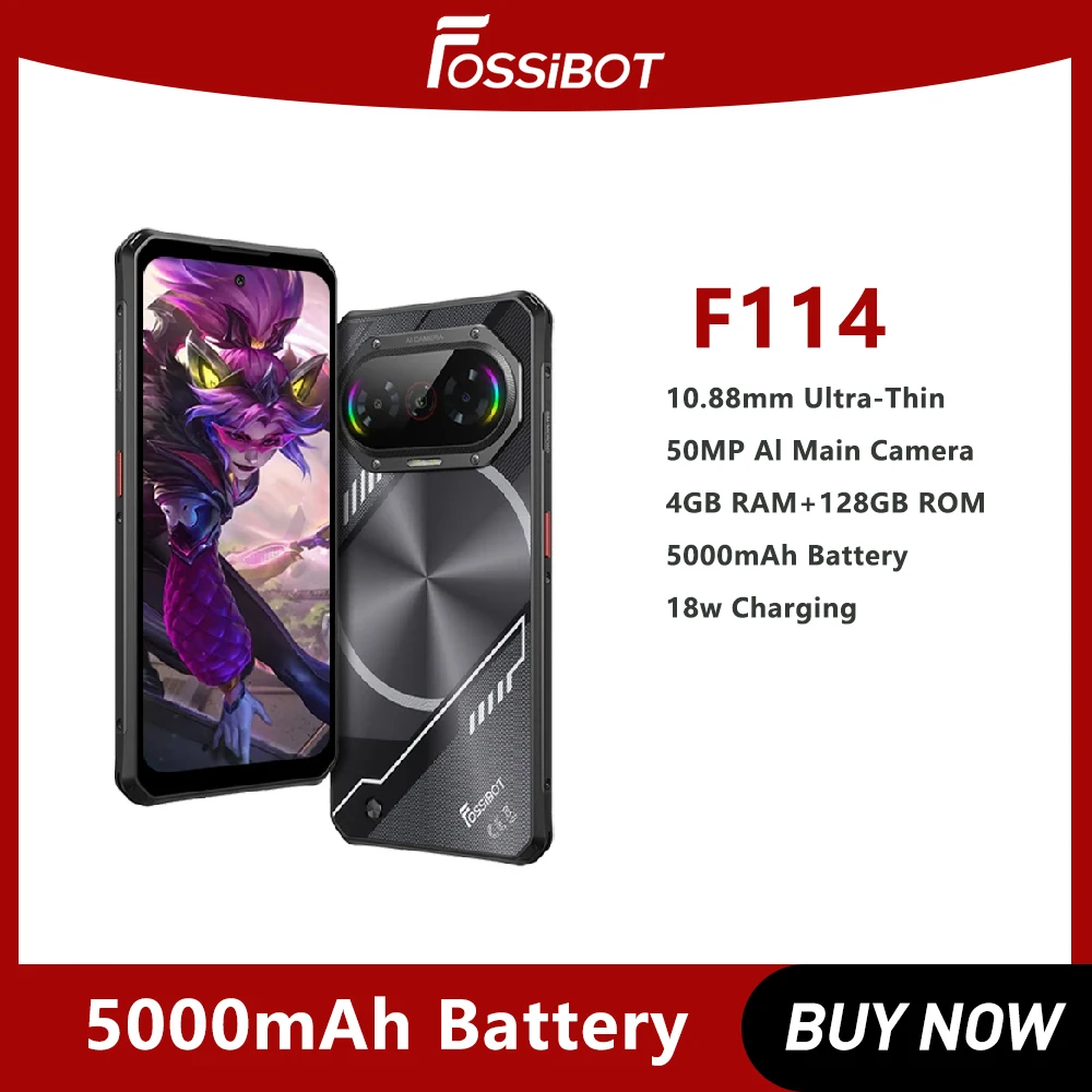2025 Ultra-thin Rugged Phone Fossibot F114 Unisoc T615 4G 4GB RAM+128GB ROM 50MP AI Camera 5000mAh 18W Android 15 Smartphone