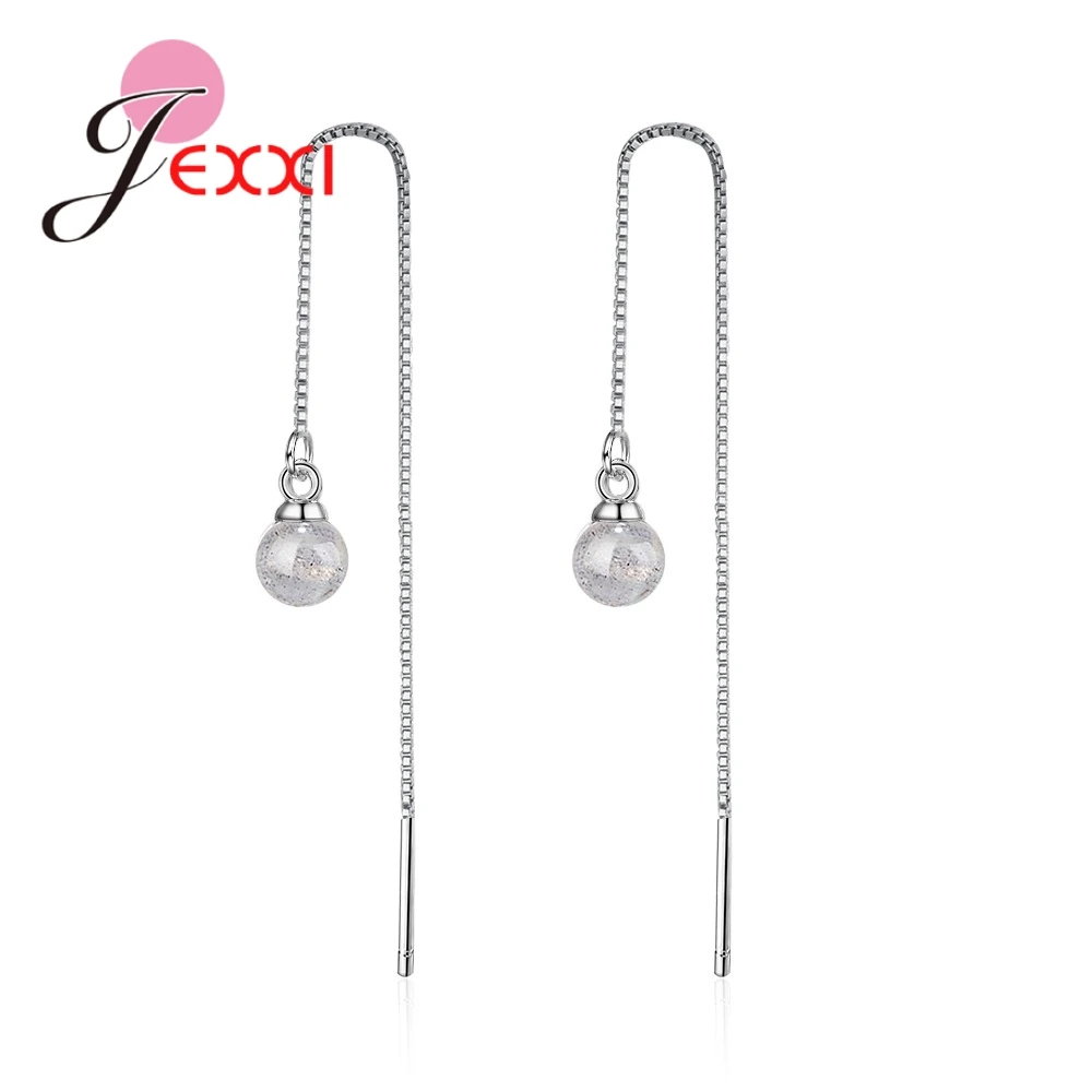 Elegant  Genuine 925 Sterling Silver Long Thread Earrings With White Crystals Balls Design Women Wedding Jewelry
