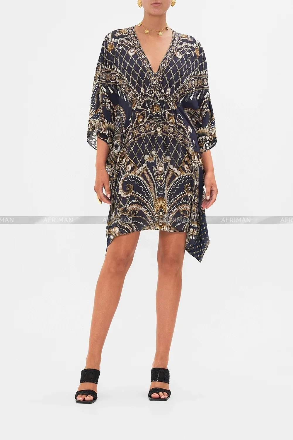 2024 V Neck Heavy Beaded Batwing Sleeve Retro Print Cloak Mini Silk Dress