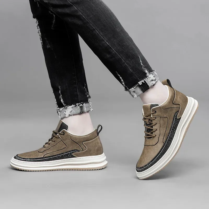 Genuine Leather High Quality Mens Sneakers Fashion Lace-Up Male Elevator +6cm Casual Shoes New All-match Skate Footwear