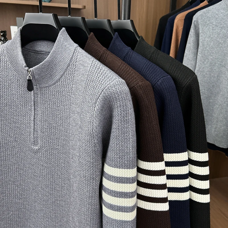 Hochwertiger Herrenpullover Herbst Winter Neuer Reißverschluss Stehkragen Modemarke Klassisches Streifenmuster Koreanischer Casual Jacquard Strickpullover – Detail 4