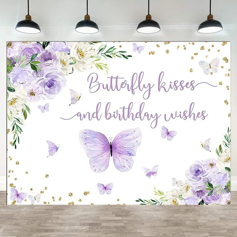 Butterfly Kisses And Birthday Wishes Photography Backdrop Purple And White Flowers Background Gold Dots Floral Decor For Girls