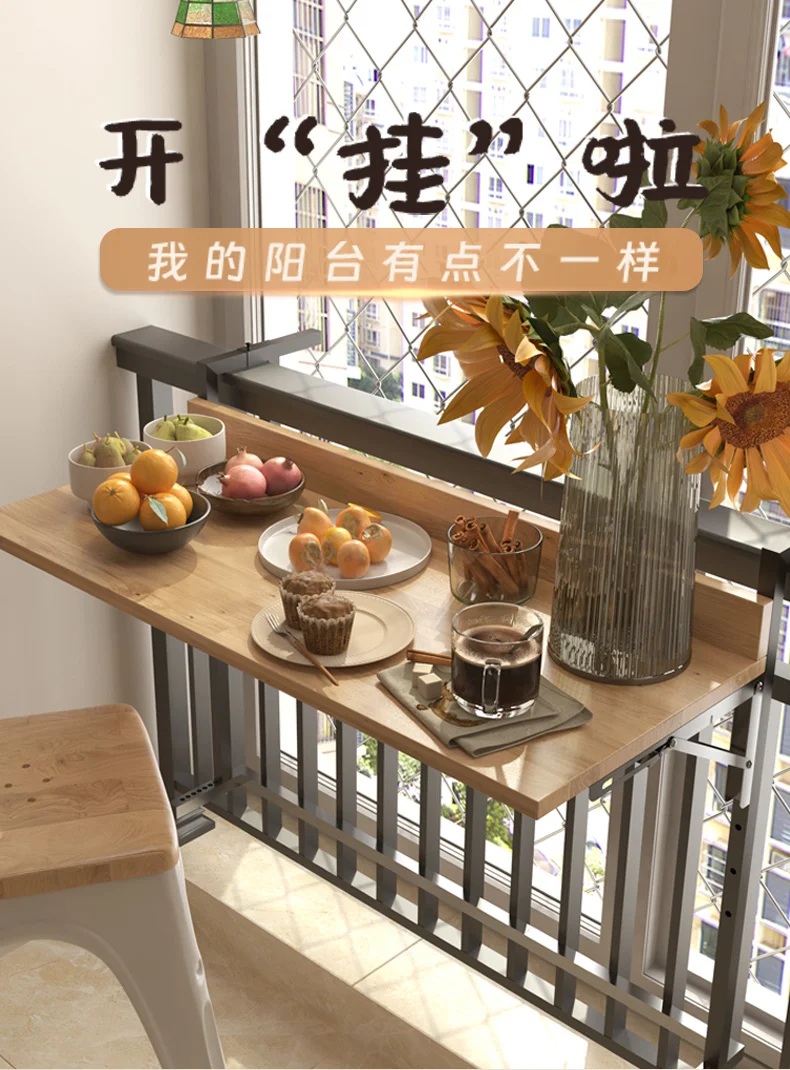 Foldable Balcony Bar Table Teak Wood Hanging Breakfast Counter Sturdy Railing Laptop Desktop Save Space Island Tea Stand